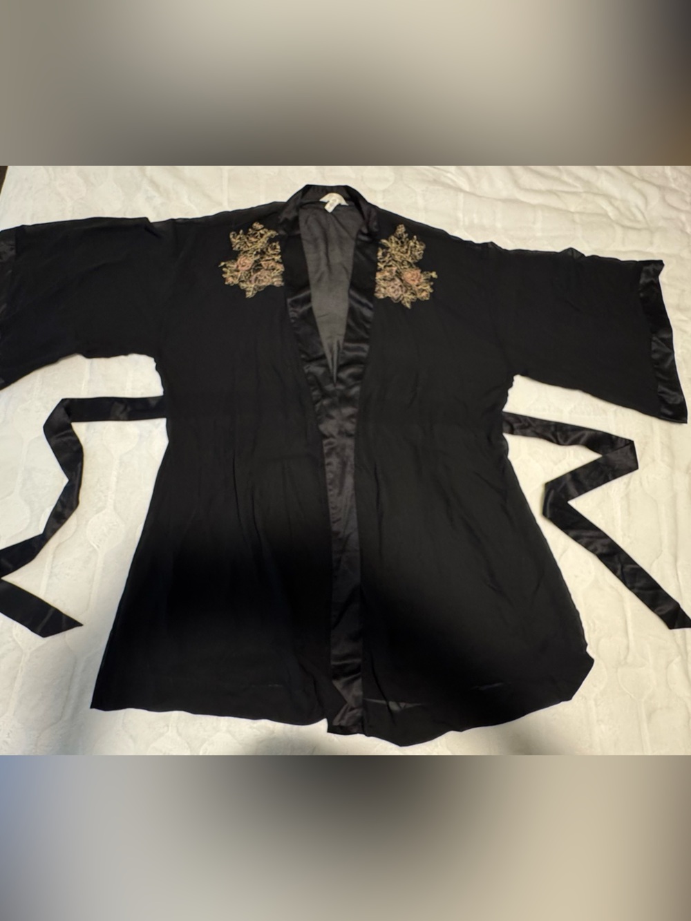 Soma Black see-through Knee-Length Embroidery Robe KIMONO sleeves L/XL